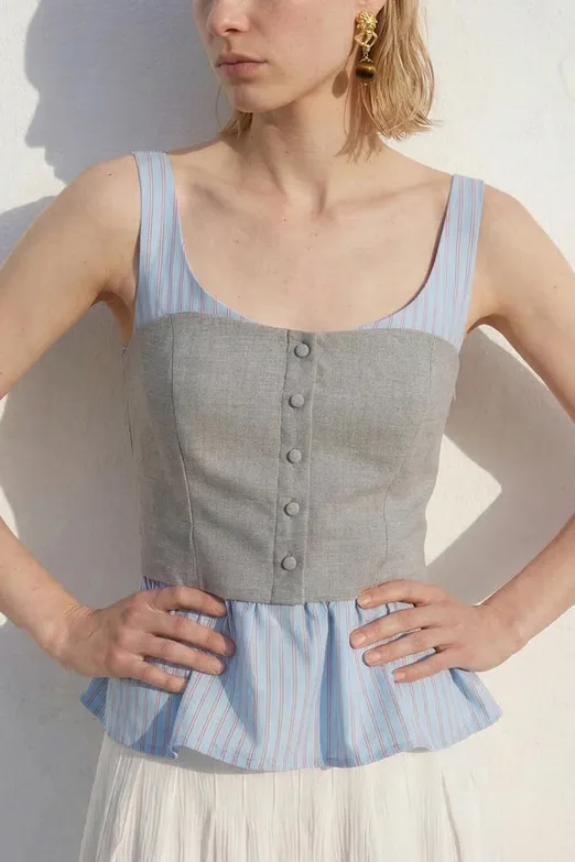 Bayan Mavi Çizgili Karma Poplin Bluz - BSL