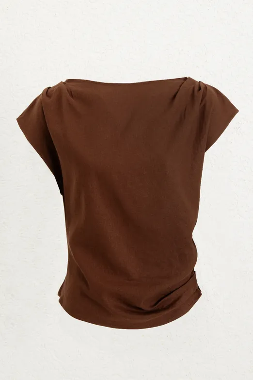 Bayan Kahverengi Drapeli Keten Karışımı Bluz - BSL