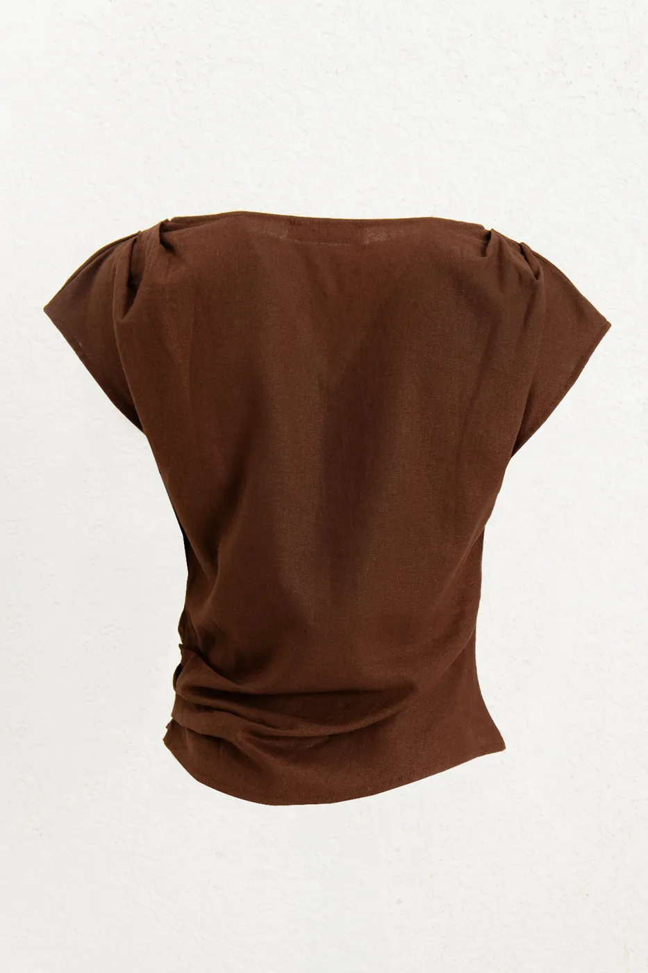 Bayan Kahverengi Drapeli Keten Karışımı Bluz