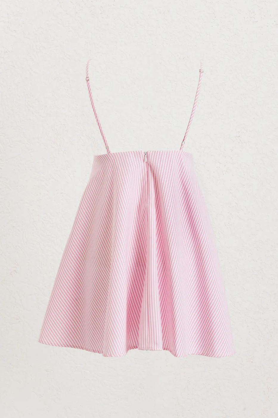 Bayan Pembe Fiyonk Detaylı Çizgili Volanlı Mini Elbise