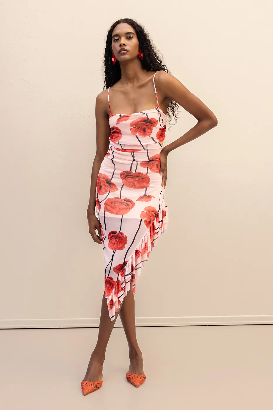 Bayan Pembe Askılı Fırfır Desenli Midi Elbise