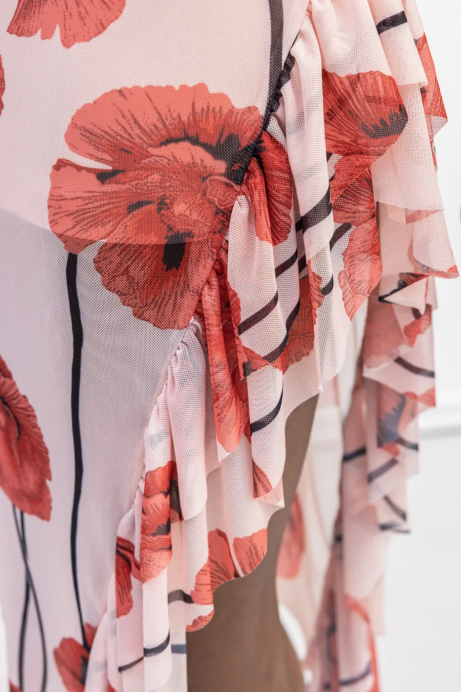 Bayan Pembe Askılı Fırfır Desenli Midi Elbise