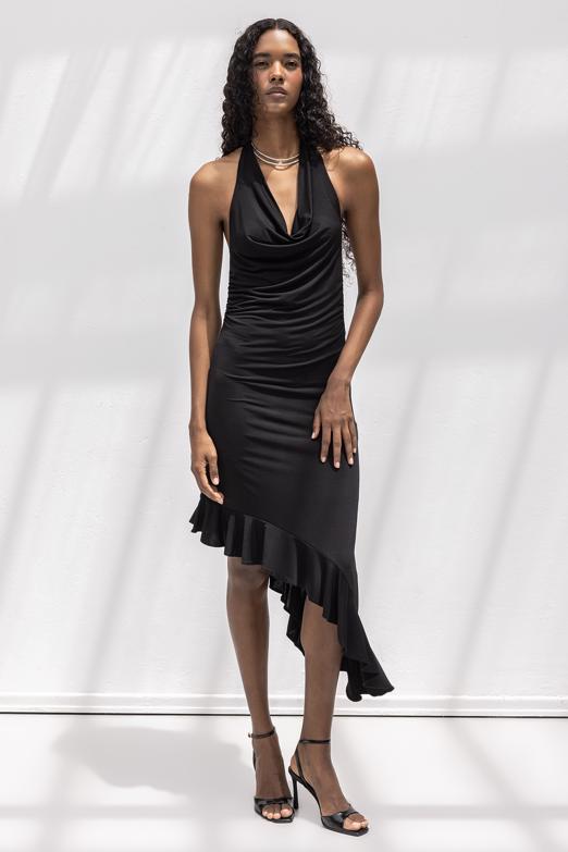 Degaje Yakalı Asimetrik Etek Detaylı Midi Elbise