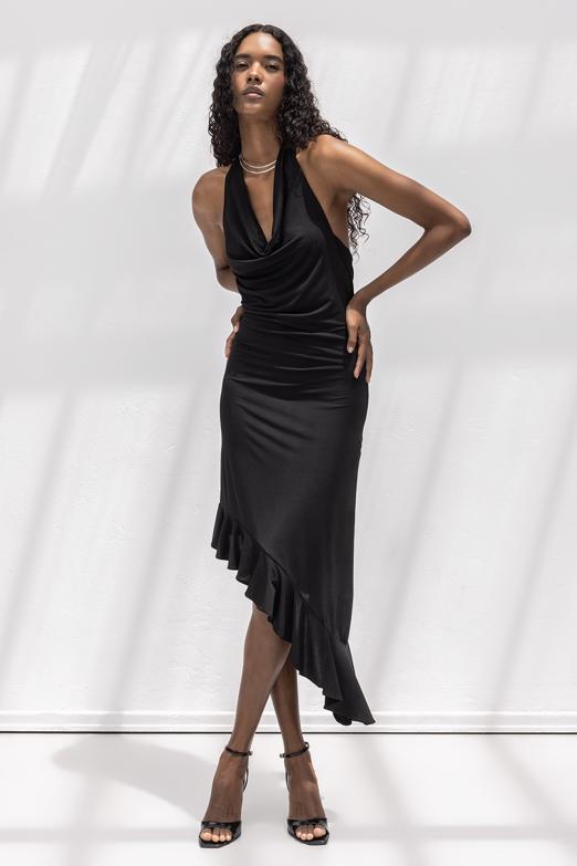 Degaje Yakalı Asimetrik Etek Detaylı Midi Elbise