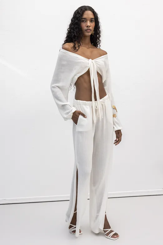 Bayan Beyaz Düz Kesim Bol Pantolon - BSL