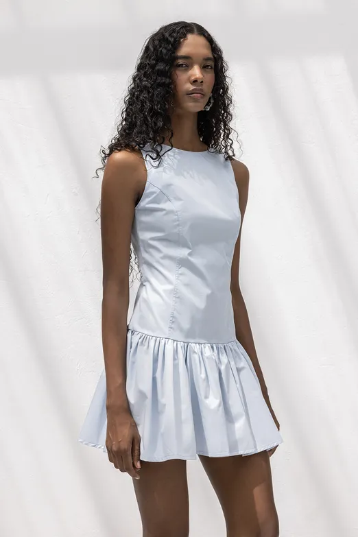 Bayan Mavi %100 Cotton  Büzgülü Mini Elbise - BSL