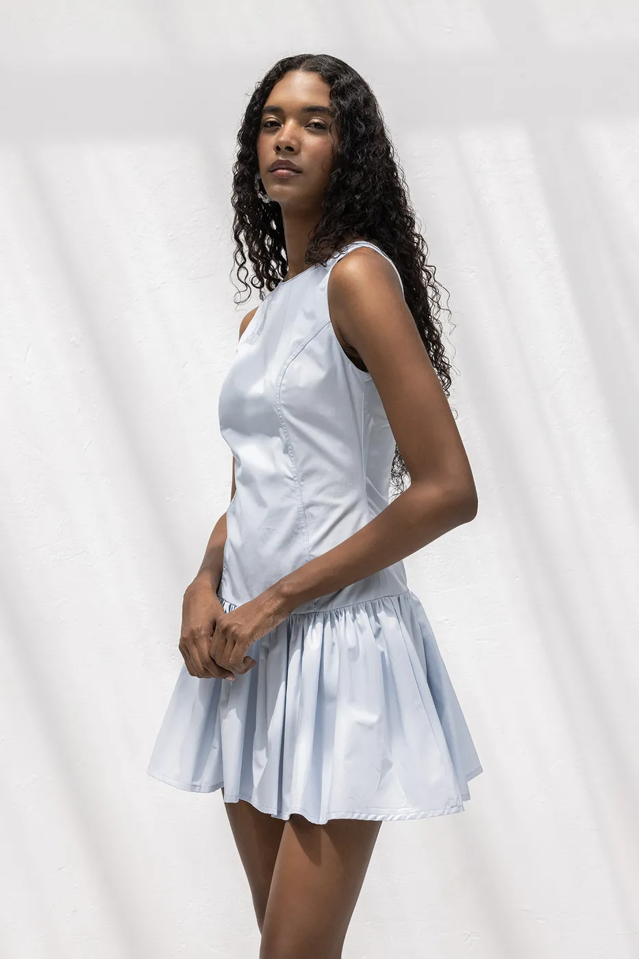 Bayan Mavi %100 Cotton  Büzgülü Mini Elbise