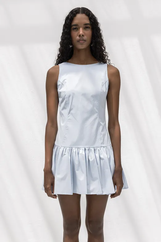 Bayan Mavi %100 Cotton  Büzgülü Mini Elbise - BSL