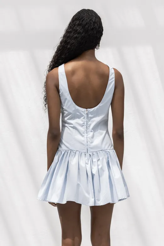 Bayan Mavi %100 Cotton  Büzgülü Mini Elbise - BSL