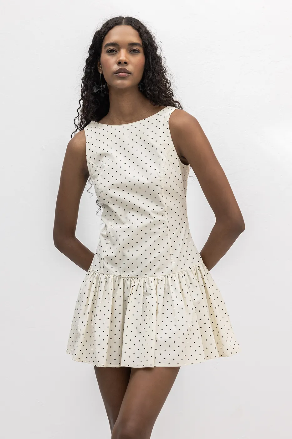 Bayan Ekru %100 Cotton  Büzgülü Mini Elbise