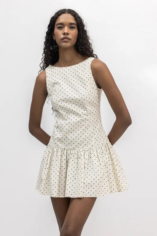 Bayan Ekru %100 Cotton  Büzgülü Mini Elbise - BSL