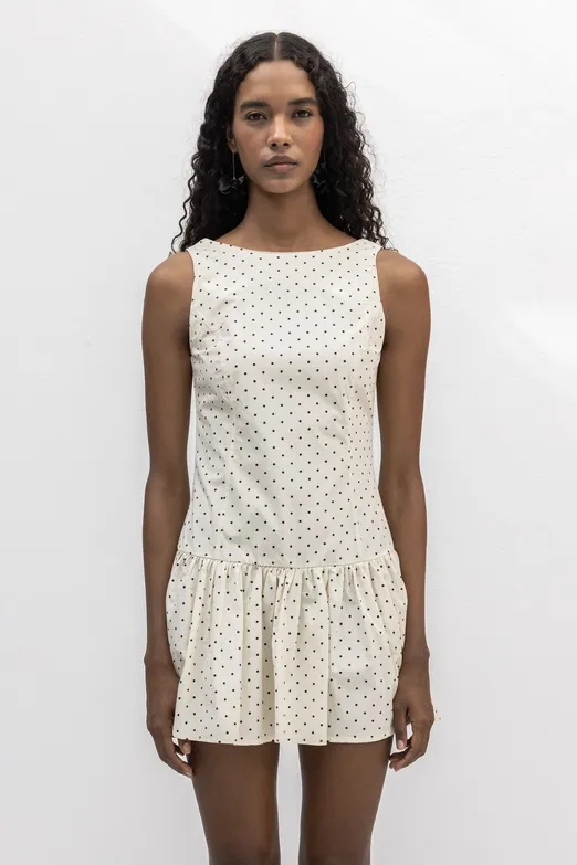 Bayan Ekru %100 Cotton  Büzgülü Mini Elbise - BSL
