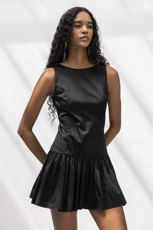 Bayan Siyah %100 Cotton  Büzgülü Mini Elbise - BSL