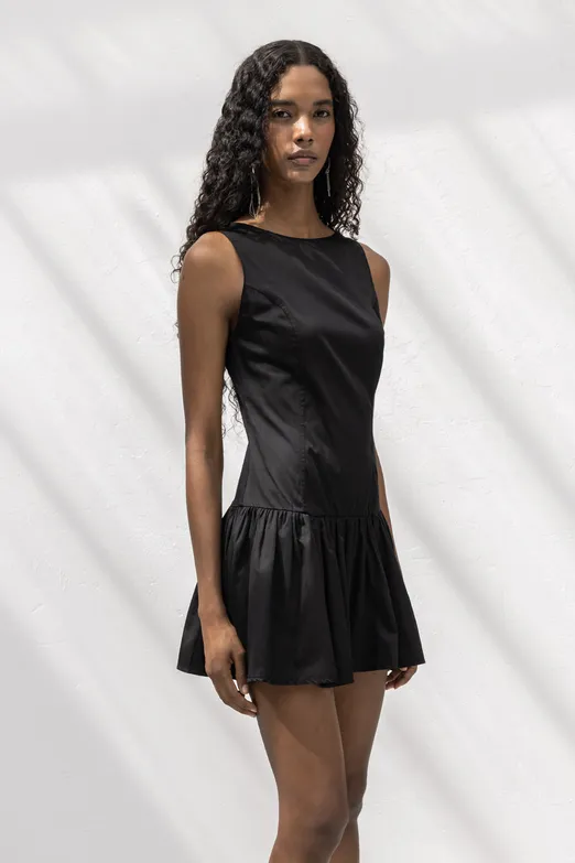 Bayan Siyah %100 Cotton  Büzgülü Mini Elbise - BSL