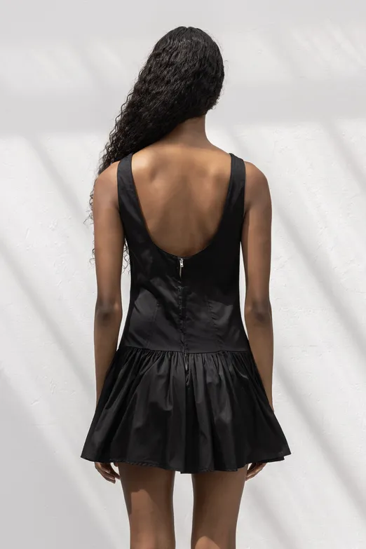 Bayan Siyah %100 Cotton  Büzgülü Mini Elbise - BSL