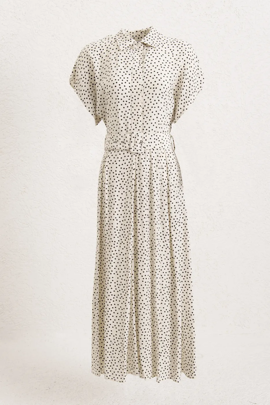 Bayan Ekru Puantiyeli Cotton Pileli Midi Elbise