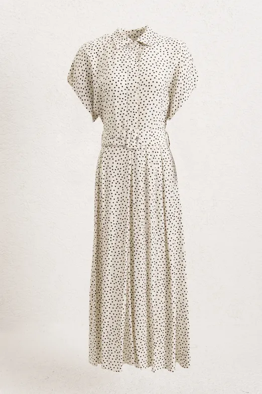 Bayan Ekru Puantiyeli Cotton Pileli Midi Elbise - BSL