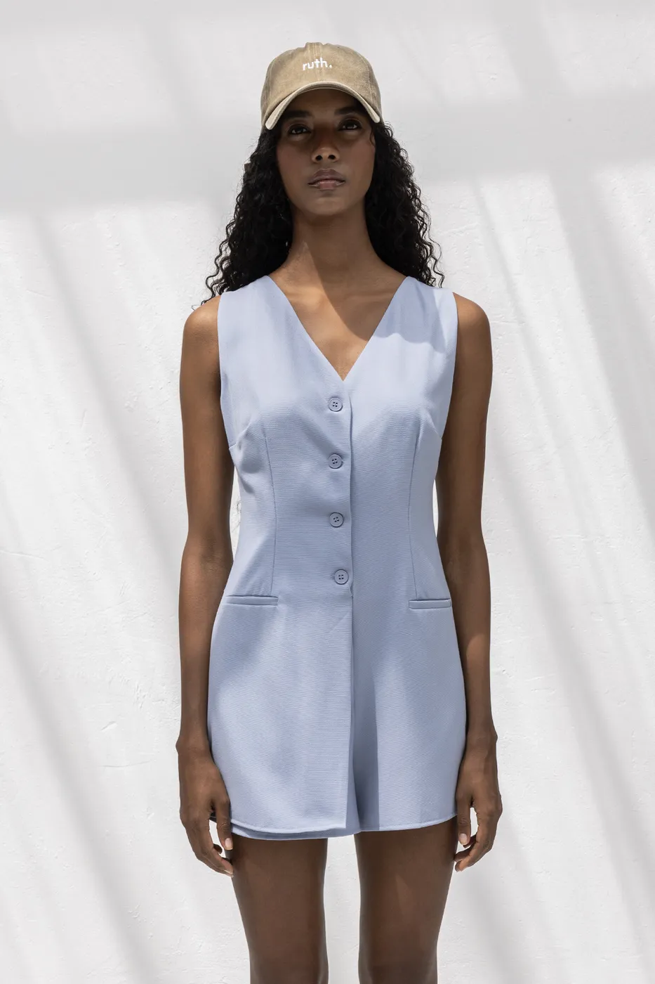 Bayan Mavi V Yakalı Mini Tulum