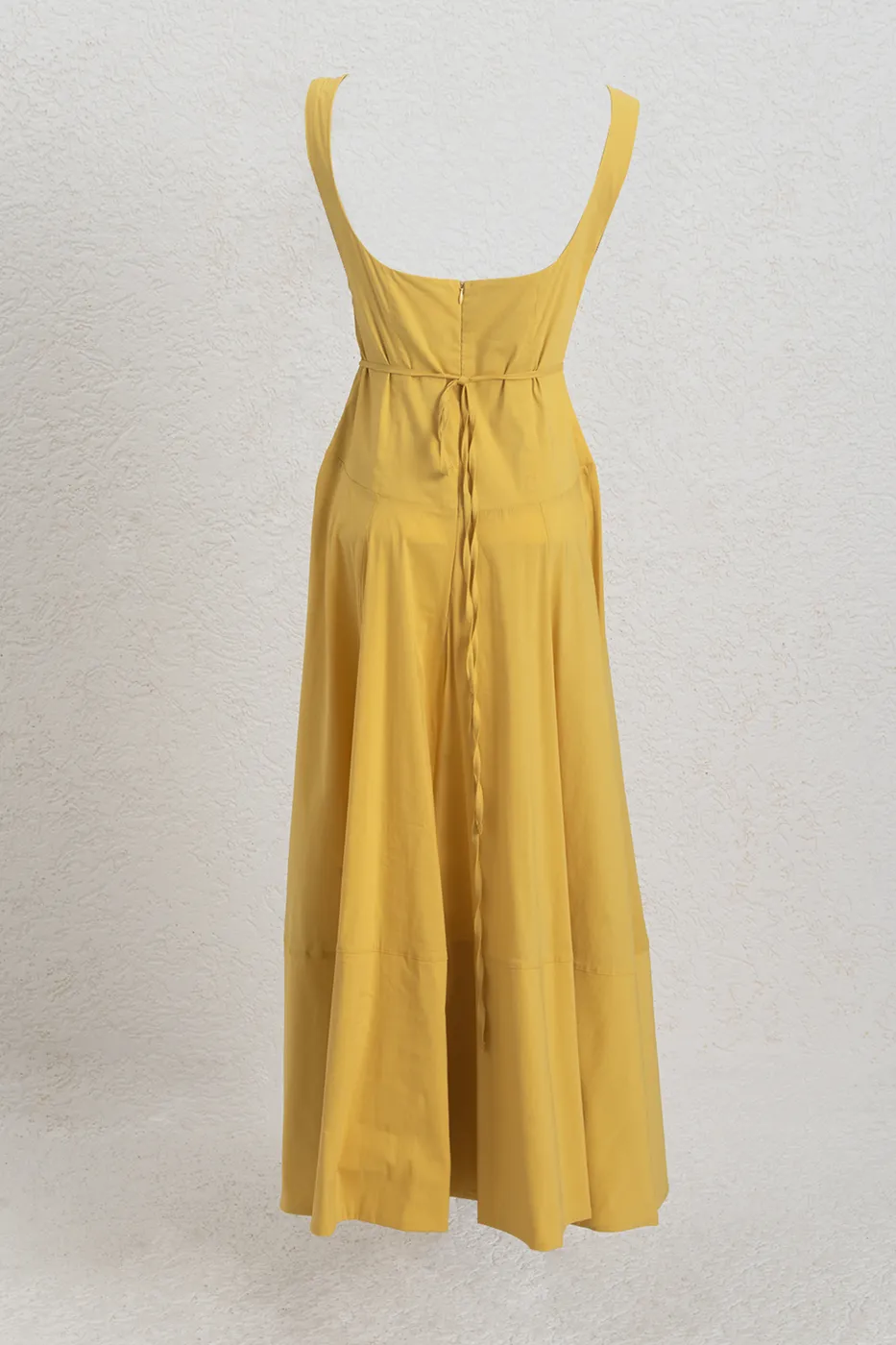 Bayan Sarı Derin Kare Yakalı Eteği Volan Detaylı Midi Elbise