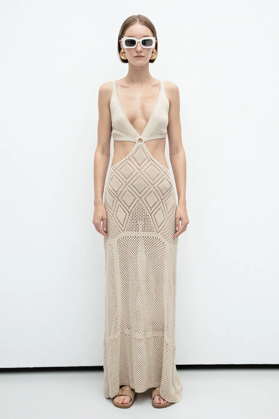 Bayan Bej Ajurlu Örgü Maksi Elbise