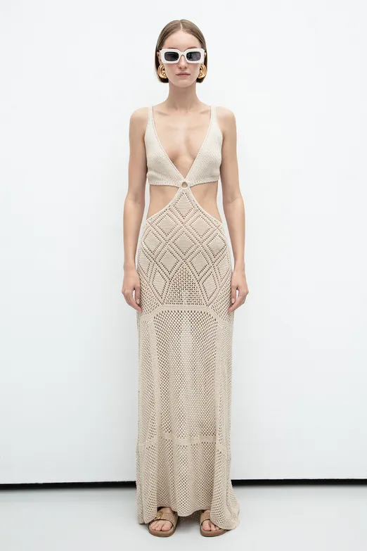 Bayan Bej Ajurlu Örgü Maksi Elbise - BSL