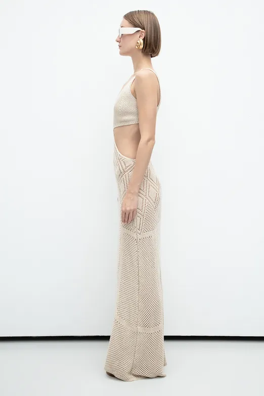 Bayan Bej Ajurlu Örgü Maksi Elbise - BSL