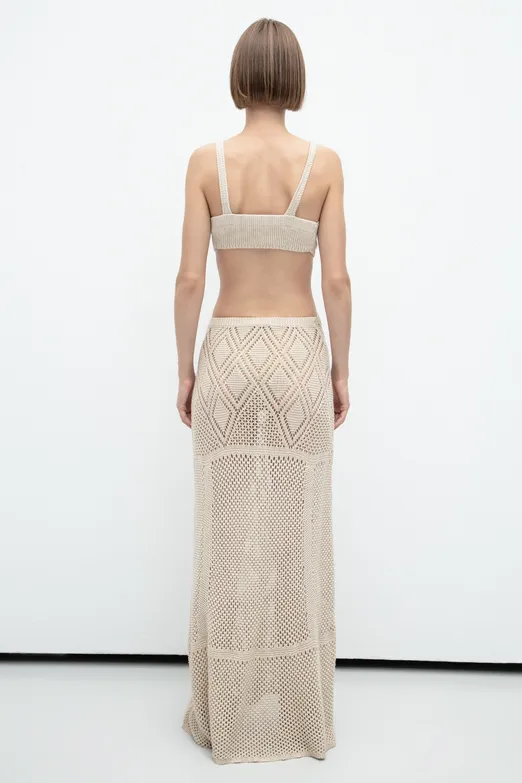 Bayan Bej Ajurlu Örgü Maksi Elbise - BSL