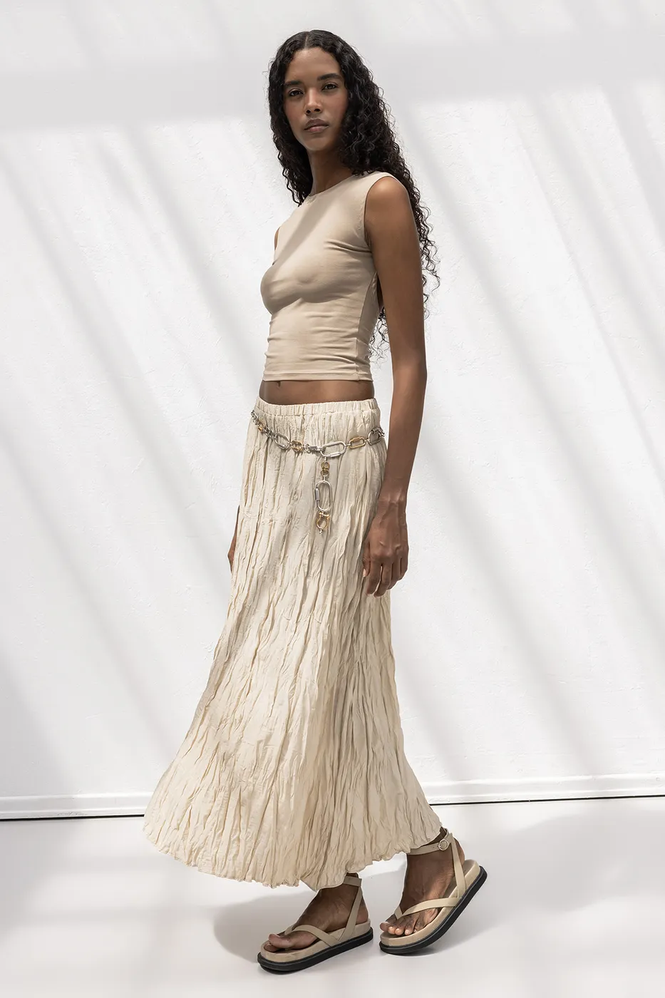 Bayan Bej Crashlı Midi Etek