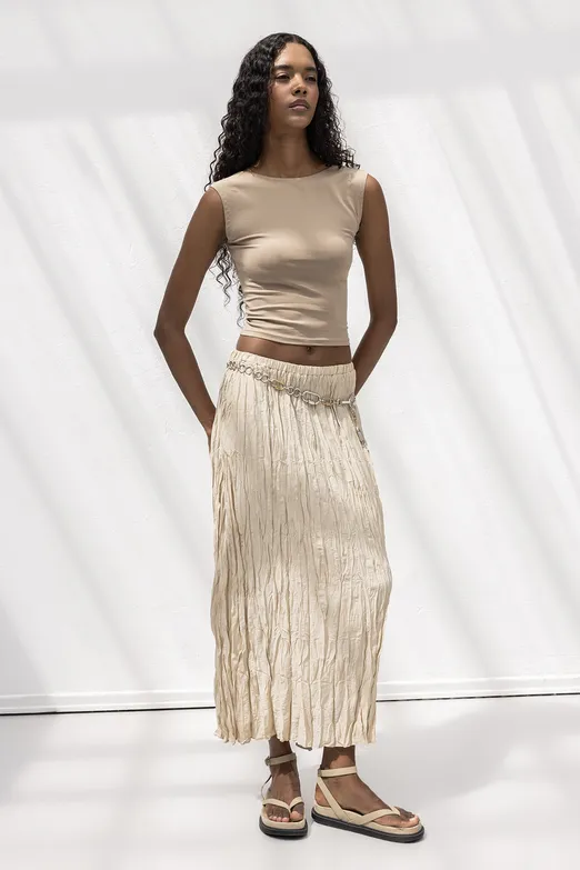 Bayan Bej Crashlı Midi Etek - BSL