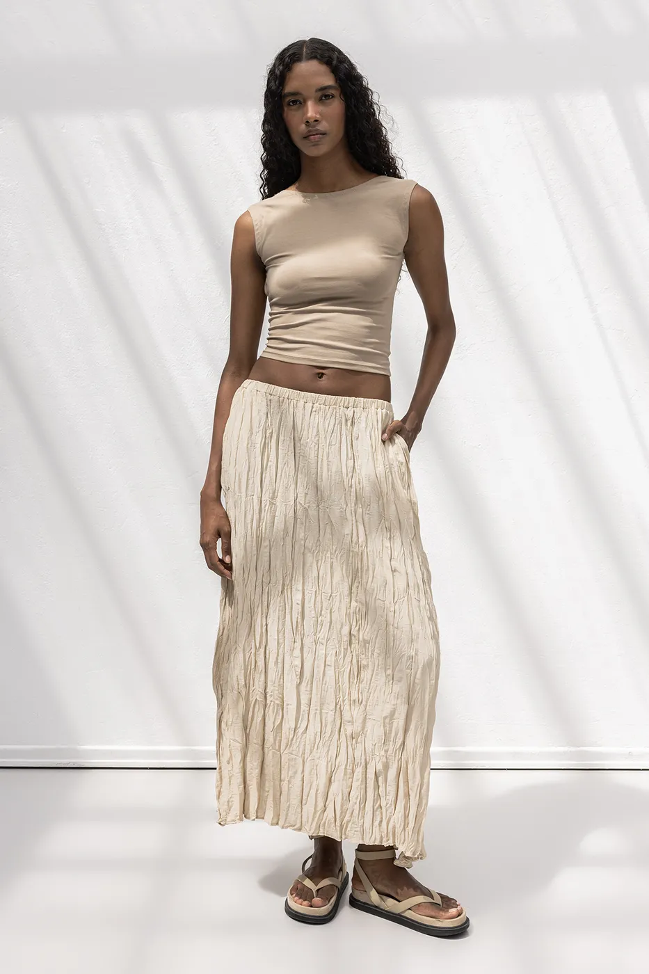 Bayan Bej Crashlı Midi Etek