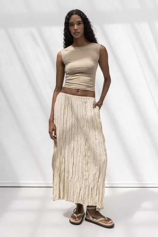 Bayan Bej Crashlı Midi Etek - BSL