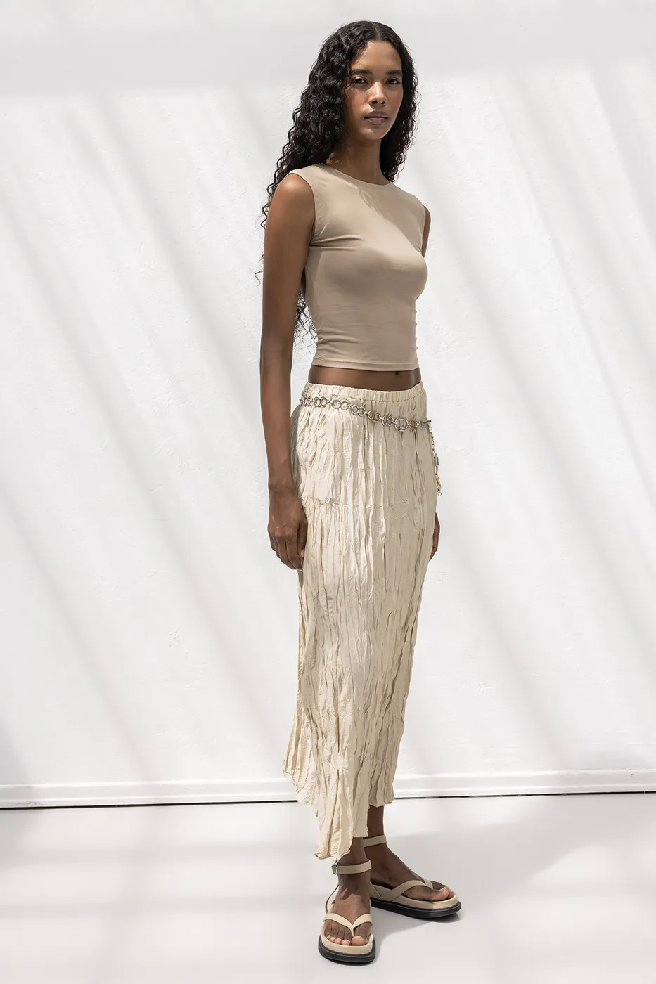 Bayan Bej Crashlı Midi Etek