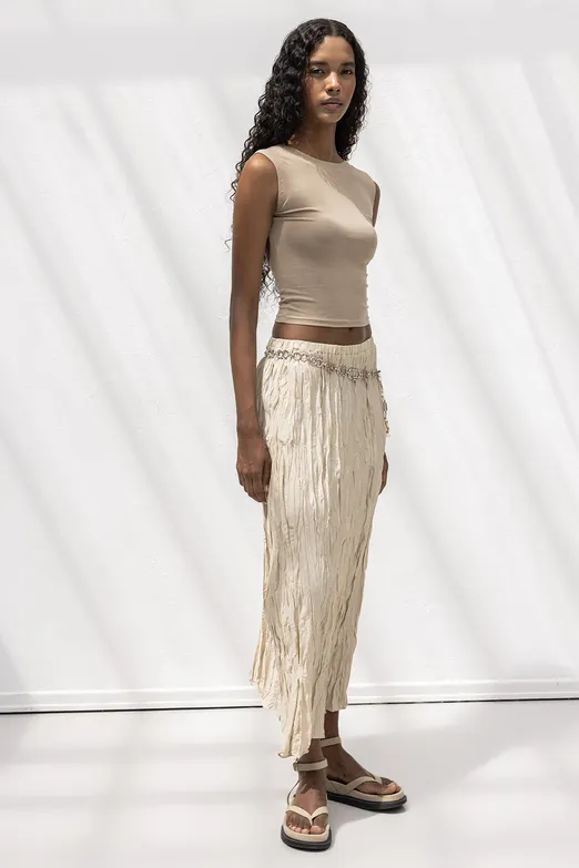 Bayan Bej Crashlı Midi Etek - BSL