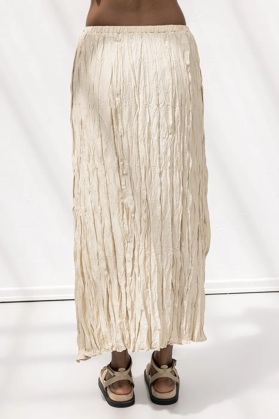 Bayan Bej Crashlı Midi Etek