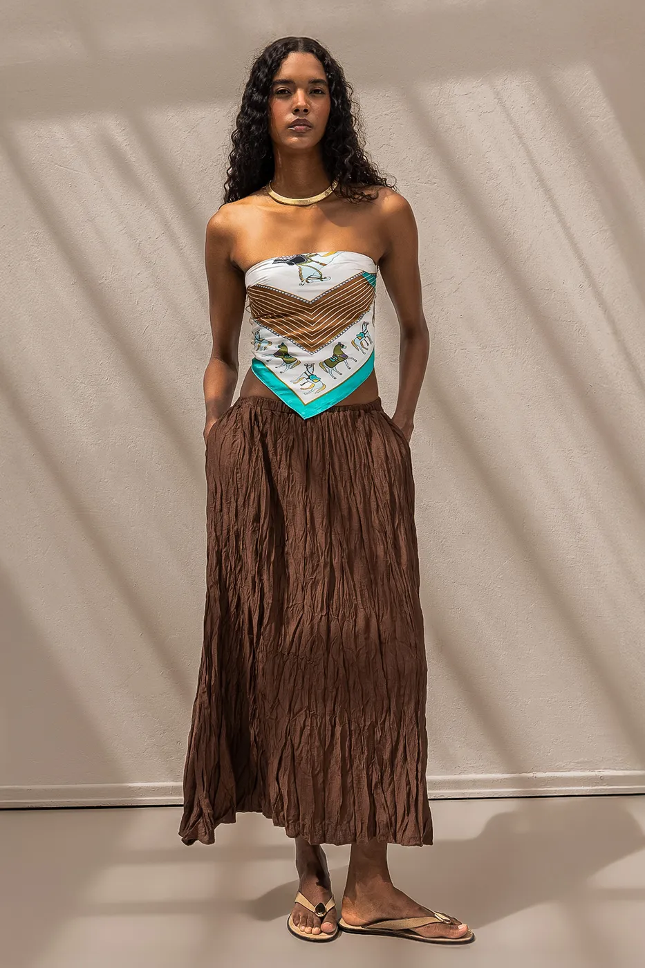 Bayan Kahverengi Crashlı Midi Etek