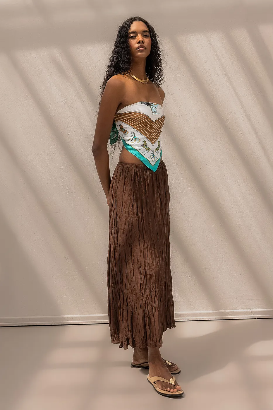 Bayan Kahverengi Crashlı Midi Etek