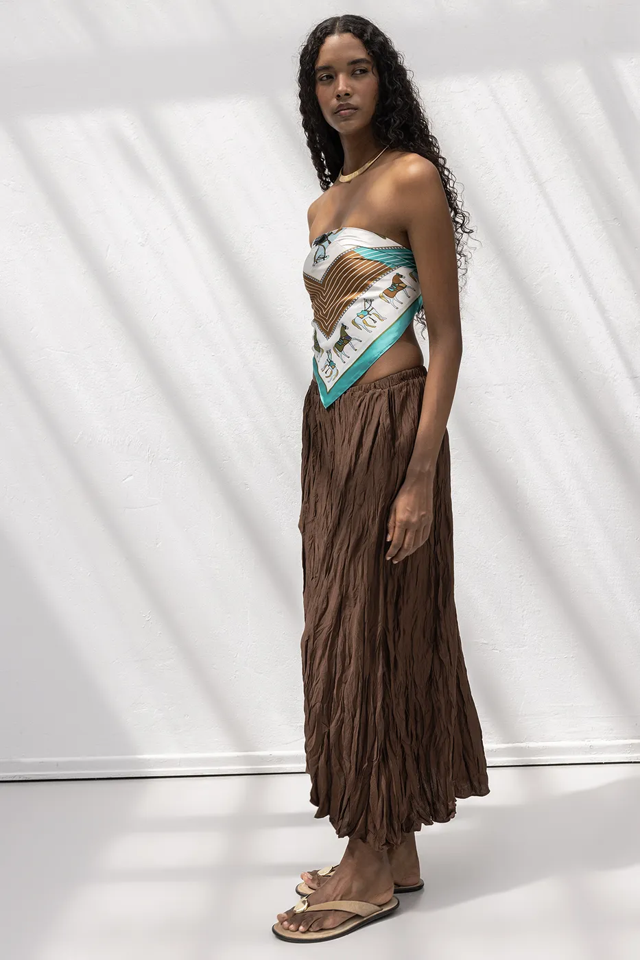 Bayan Kahverengi Crashlı Midi Etek