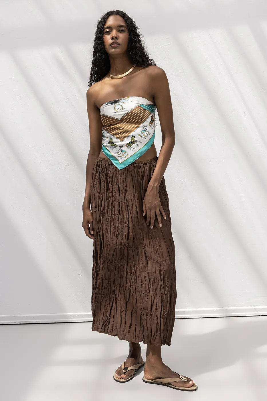 Bayan Kahverengi Crashlı Midi Etek