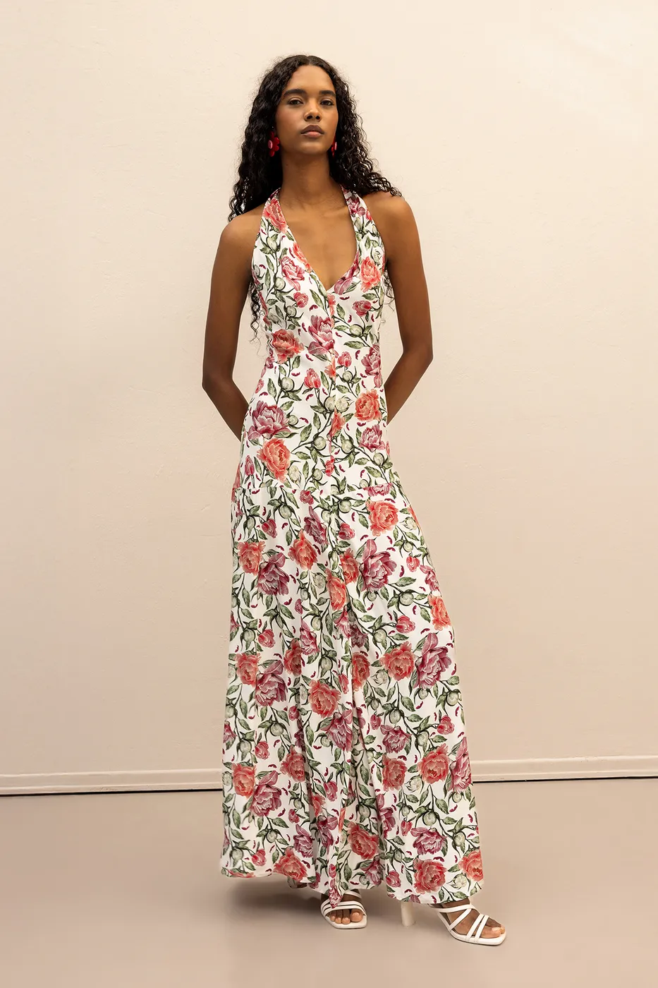 Bayan Ekru Halter  Yakalı  Desenli Midi Elbise