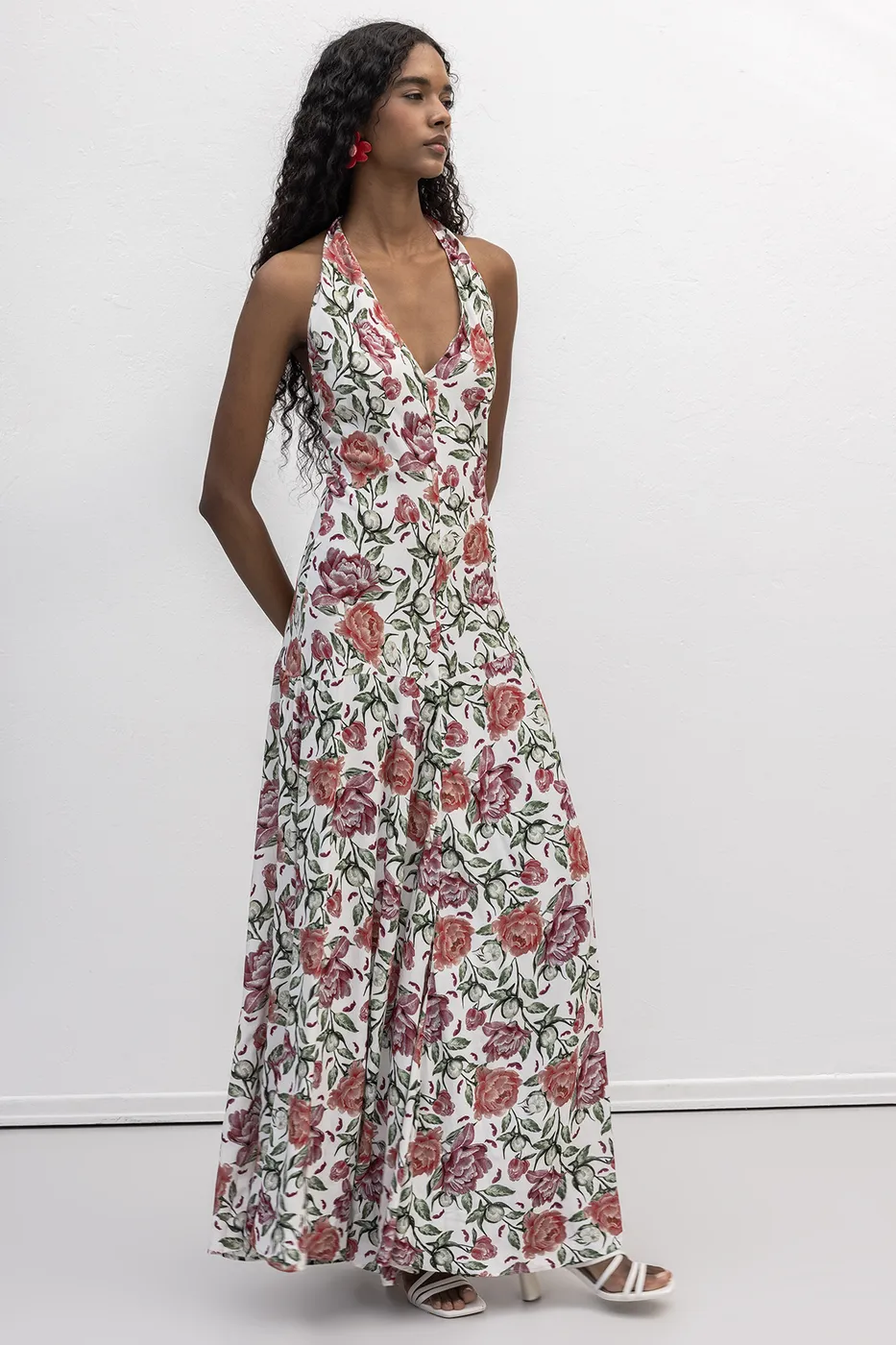 Bayan Ekru Halter  Yakalı  Desenli Midi Elbise