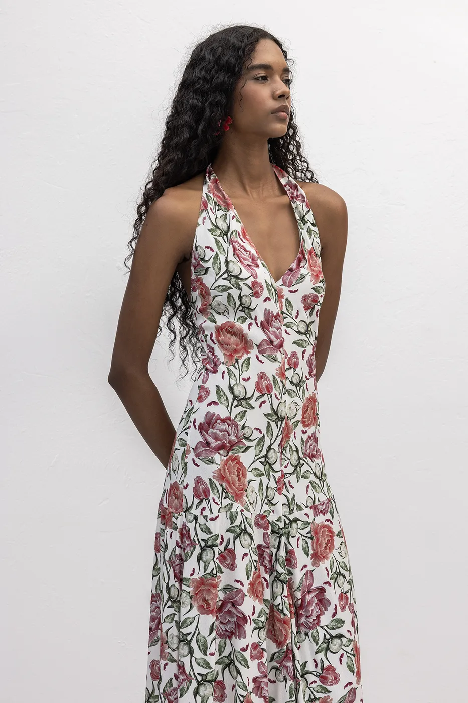 Bayan Ekru Halter  Yakalı  Desenli Midi Elbise