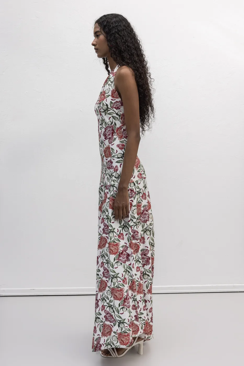 Bayan Ekru Halter  Yakalı  Desenli Midi Elbise