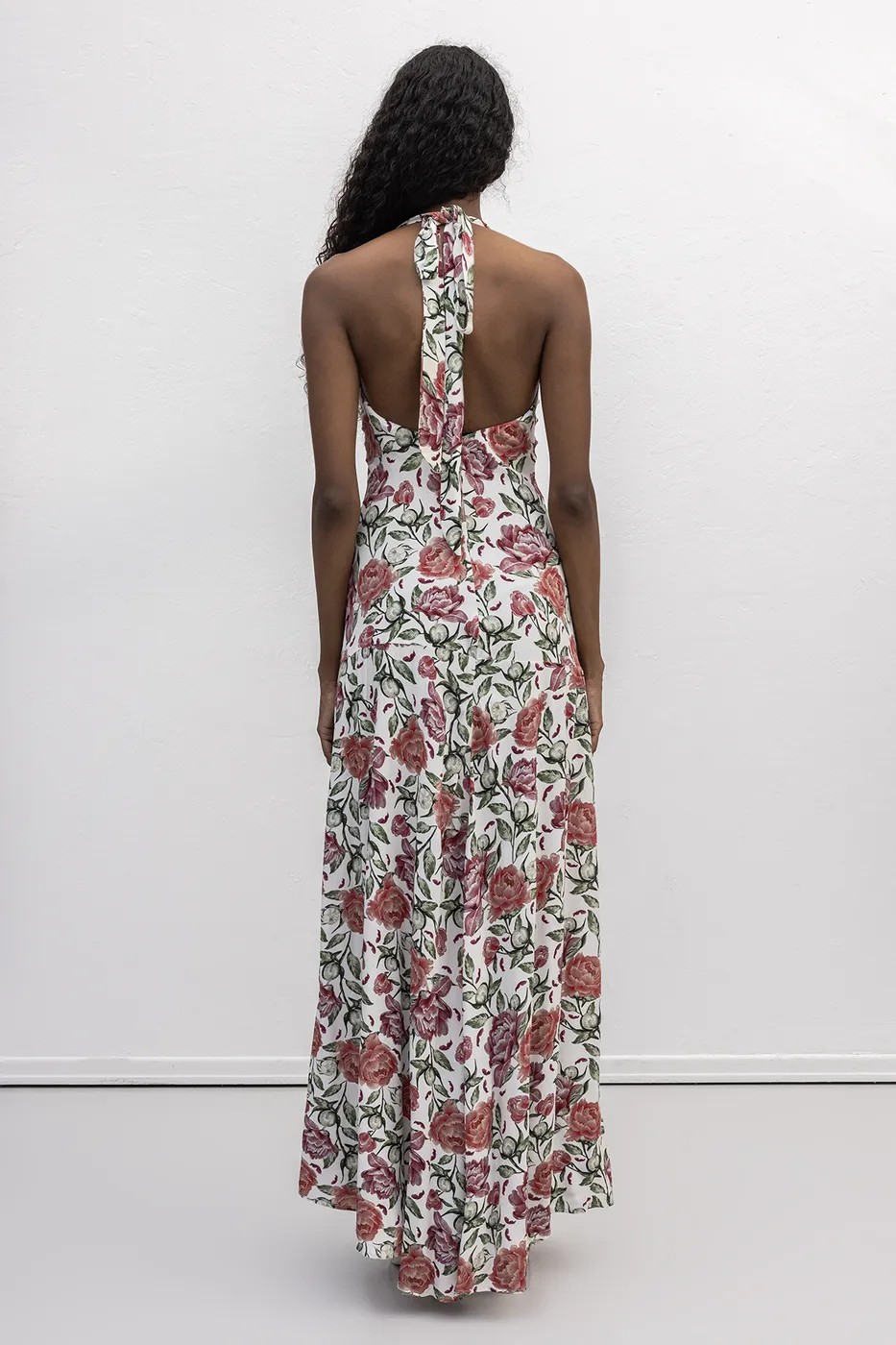 Bayan Ekru Halter  Yakalı  Desenli Midi Elbise