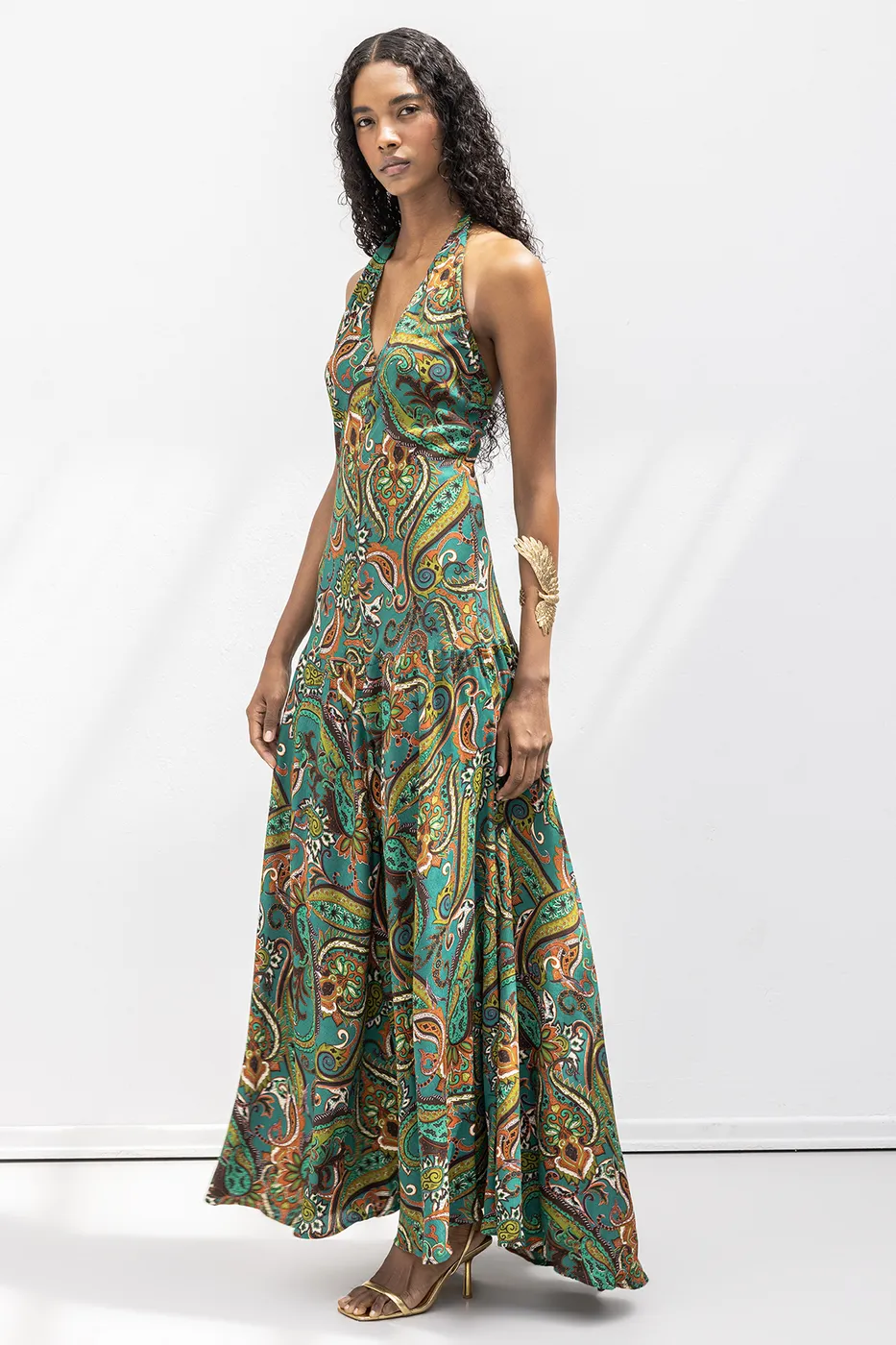 Bayan Yeşil Halter  Yakalı  Desenli Midi Elbise