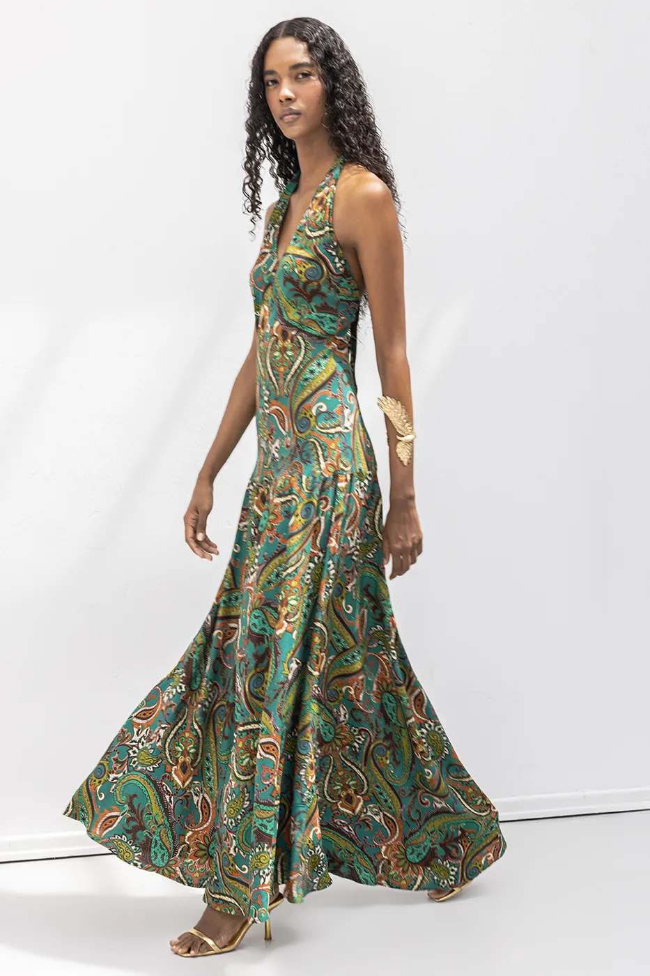 Bayan Yeşil Halter  Yakalı  Desenli Midi Elbise