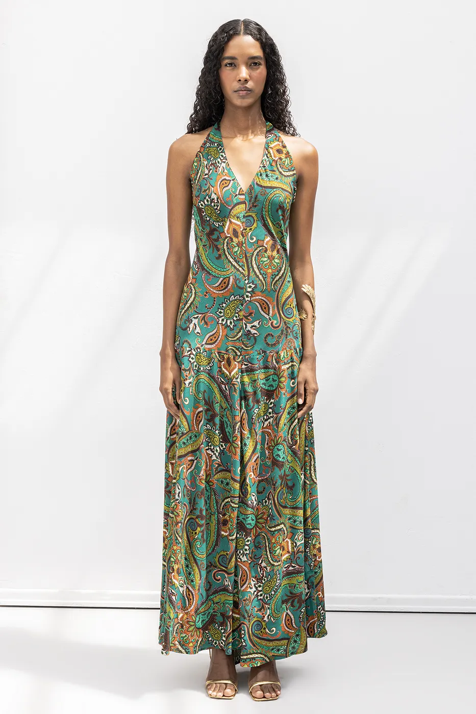 Bayan Yeşil Halter  Yakalı  Desenli Midi Elbise