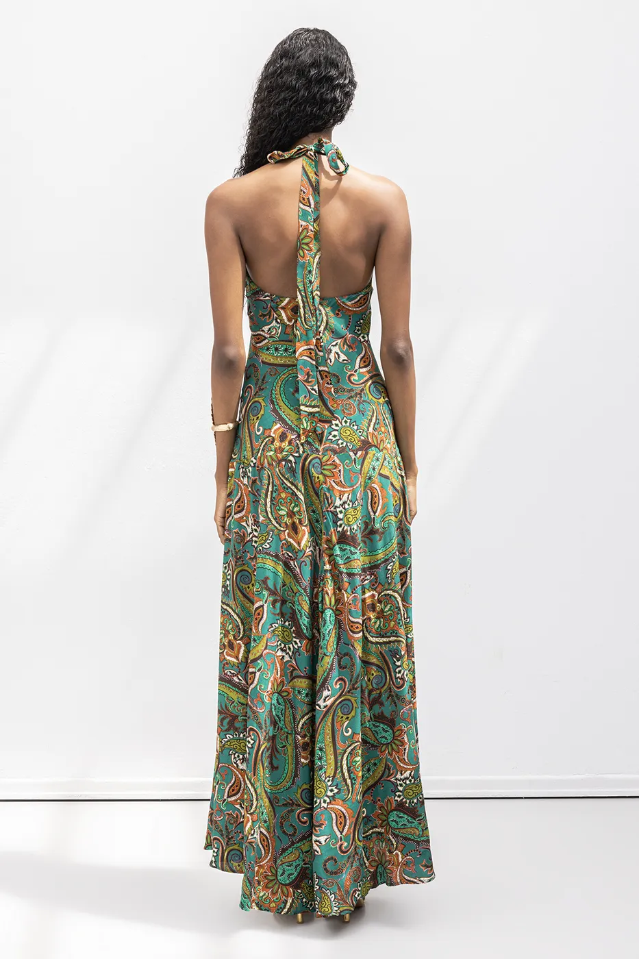 Bayan Yeşil Halter  Yakalı  Desenli Midi Elbise