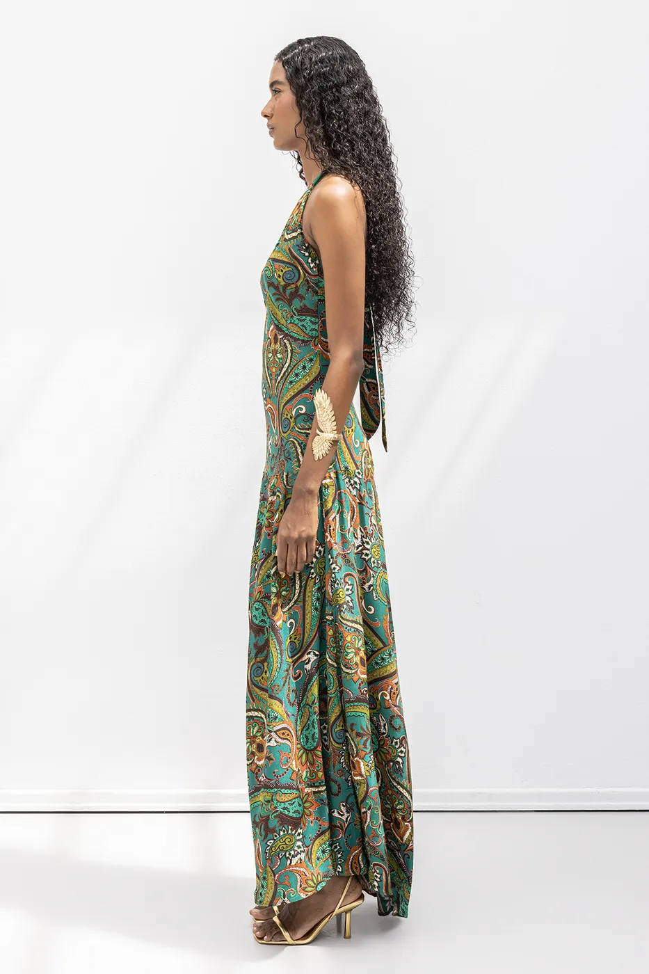 Bayan Yeşil Halter  Yakalı  Desenli Midi Elbise