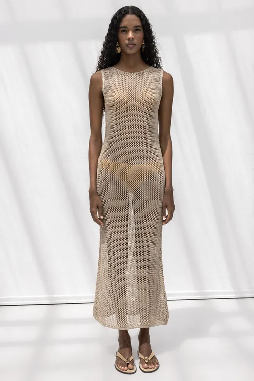 Bayan Bej Simli Örgü Maksi Plaj Elbisesi - BSL