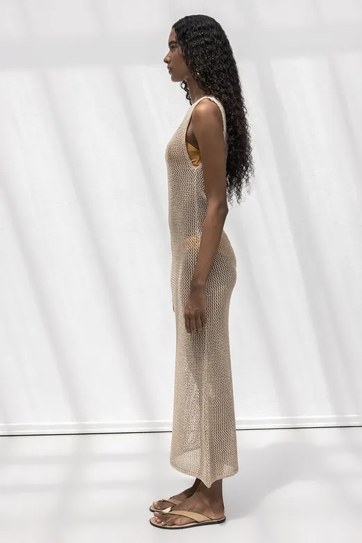 Bayan Bej Simli Örgü Maksi Plaj Elbisesi - BSL